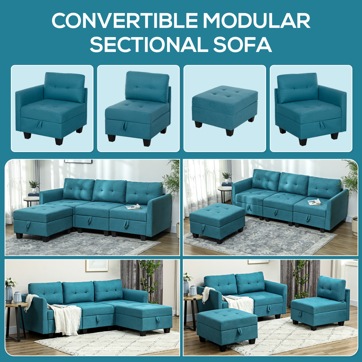 HOMCOM Convertible Modular Sectional Sofa with Built-In Storage – L-Shape Family Seating, Light Blue