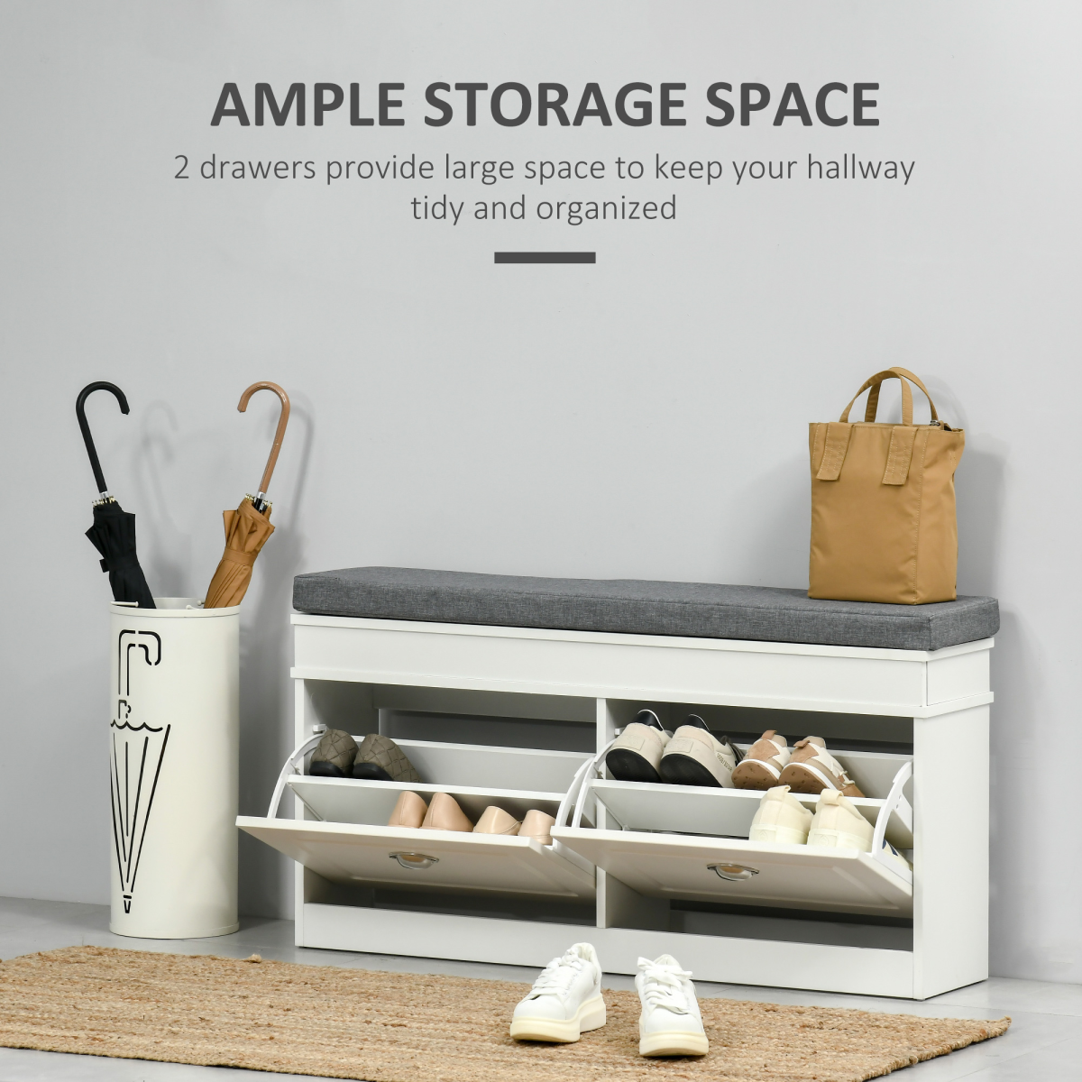 Shoe Storage Bench with Padded Seat Cushion & 2 Drawers – Compact Hallway Seating