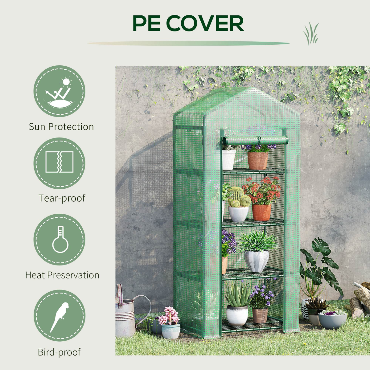 4-Tier Mini Greenhouse with Zipped Roll-up Door – Steel Frame Plant Grow House, 70 x 50 x 160cm, Dark Green