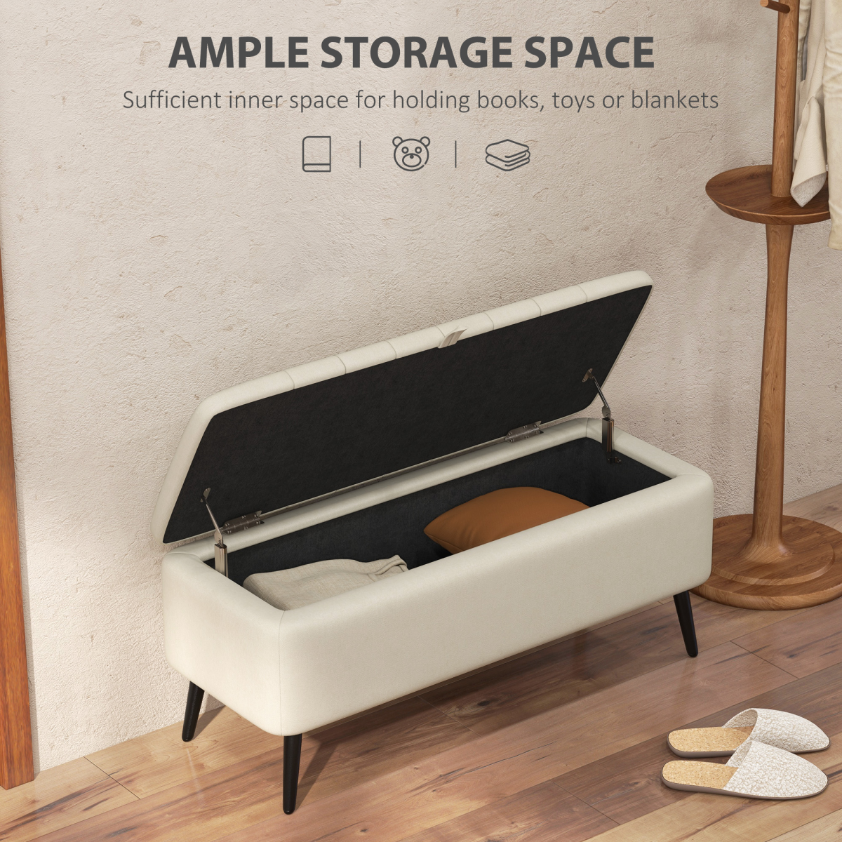 HOMCOM Linen Fabric Storage Ottoman Bench with Slim Steel Legs – Footstool & Seat with Under-Seat Storage, Cream White