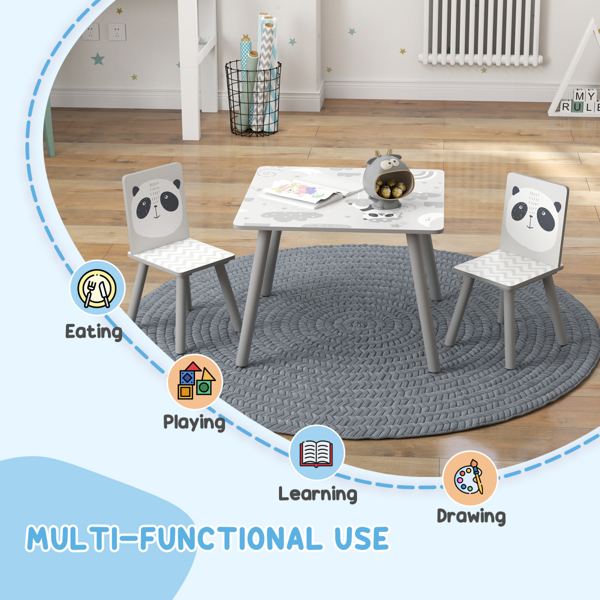 ZONEKIZ Kids Table and 2 Chairs Set – Three-Piece Toddler Activity Desk for Crafts & Homework, Grey