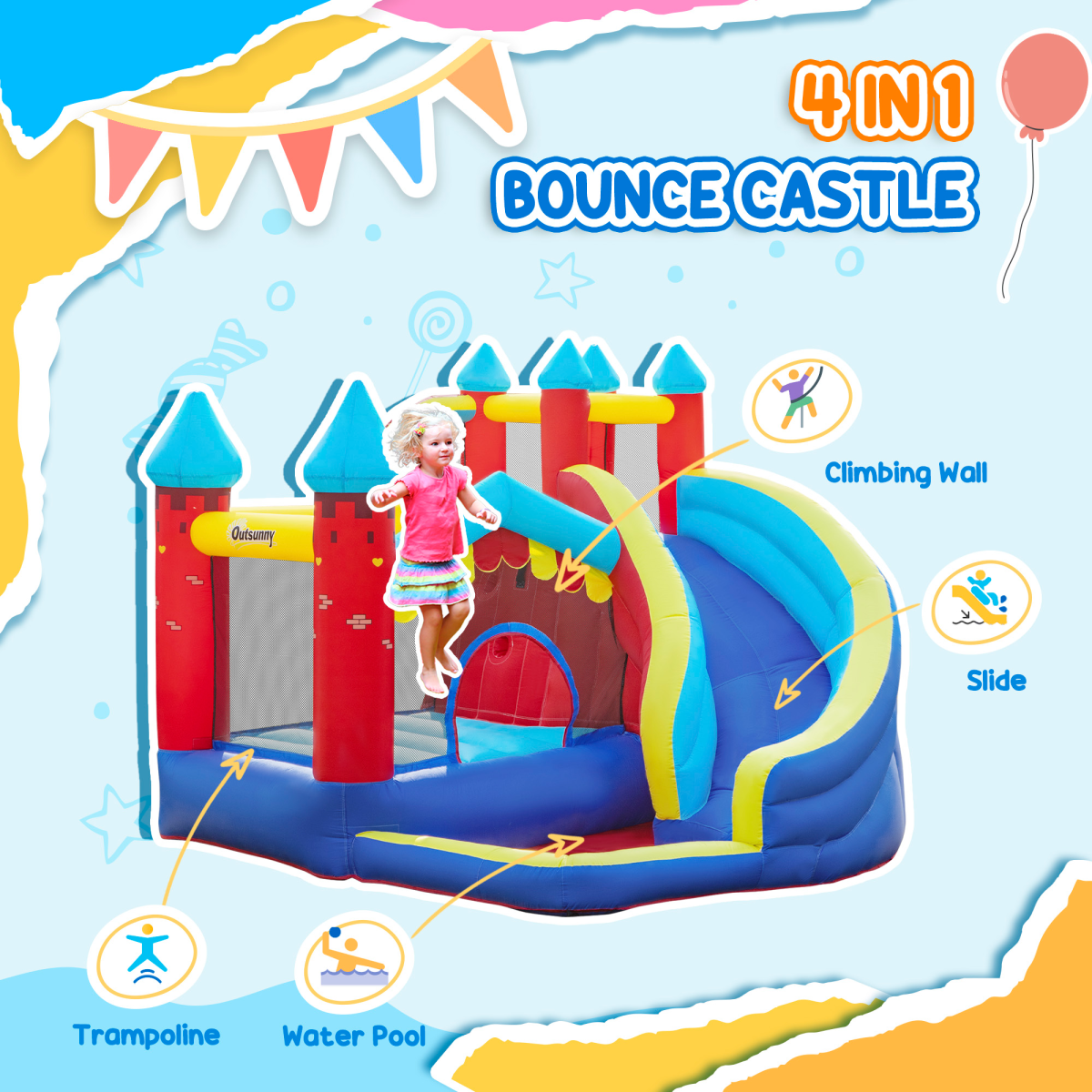 Kids Inflatable Bouncy Castle with Slide, Pool, Trampoline, Climbing Wall & Blower – Outdoor Play, Ages 3-8