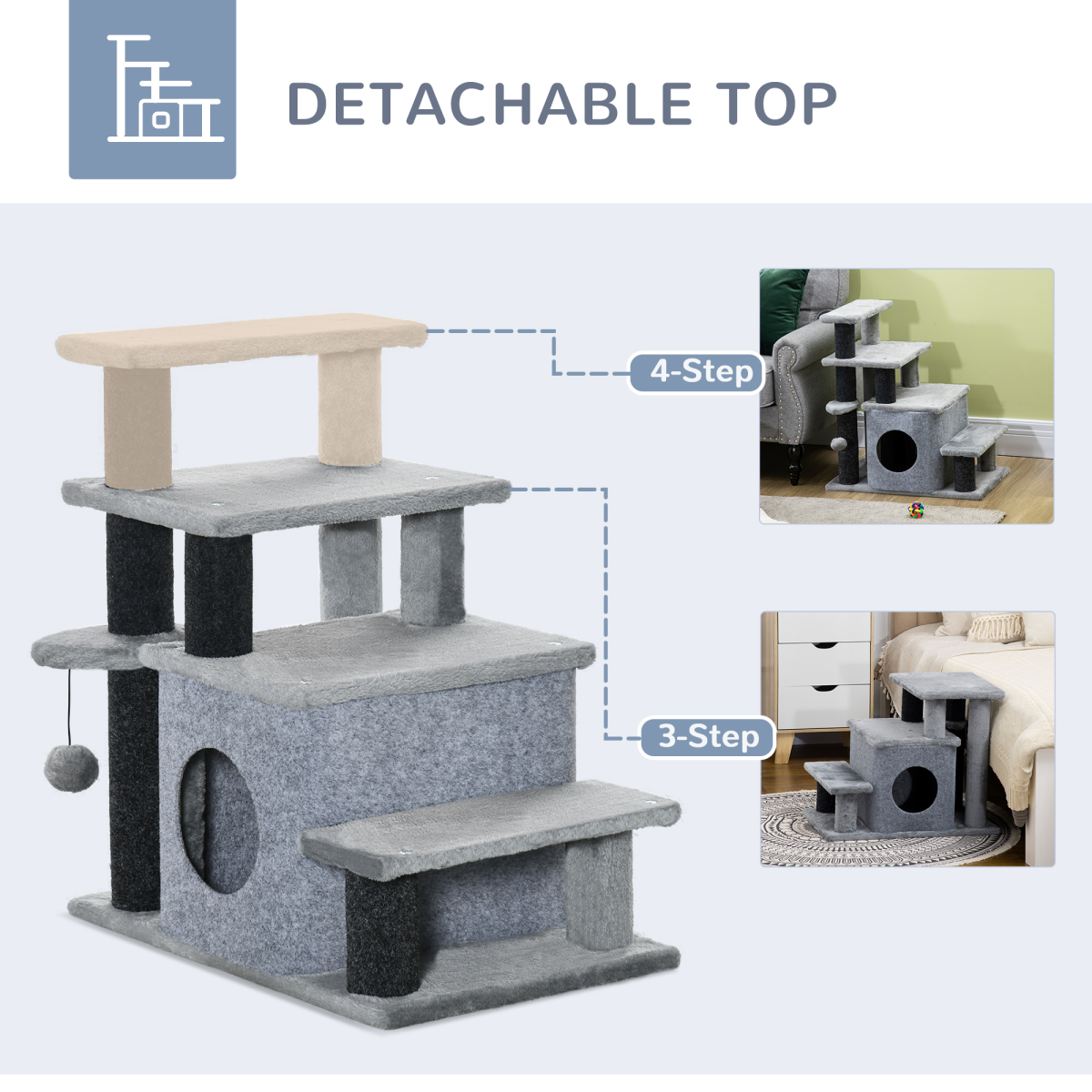 Pawhut Cat Steps for Bed & Sofa with Cat House, Hanging Ball & Adjustable 3 or 4 Steps – Pet Stairs, Grey