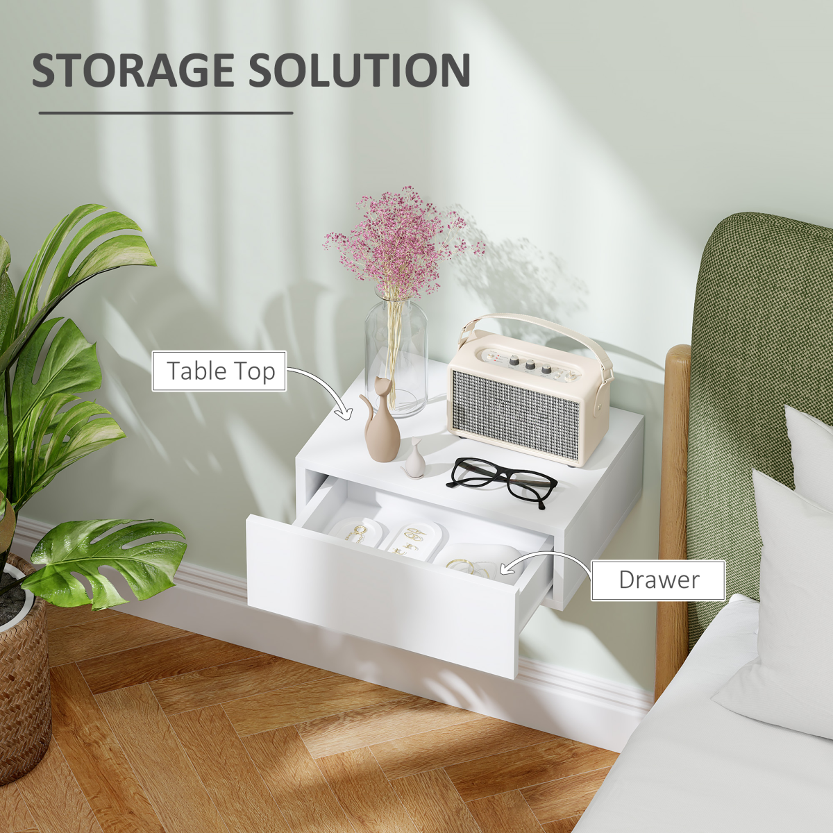 HOMCOM Floating Bedside Table with Drawer – Wall-Mounted Space-Saving Nightstand for Bedroom, White