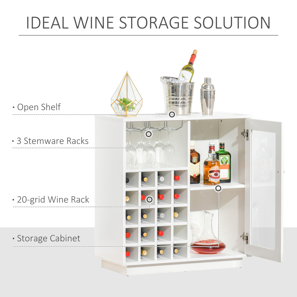 HOMCOM White Sideboard Wine Cabinet with Glass Door, 20-Bottle Rack & Glass Rack