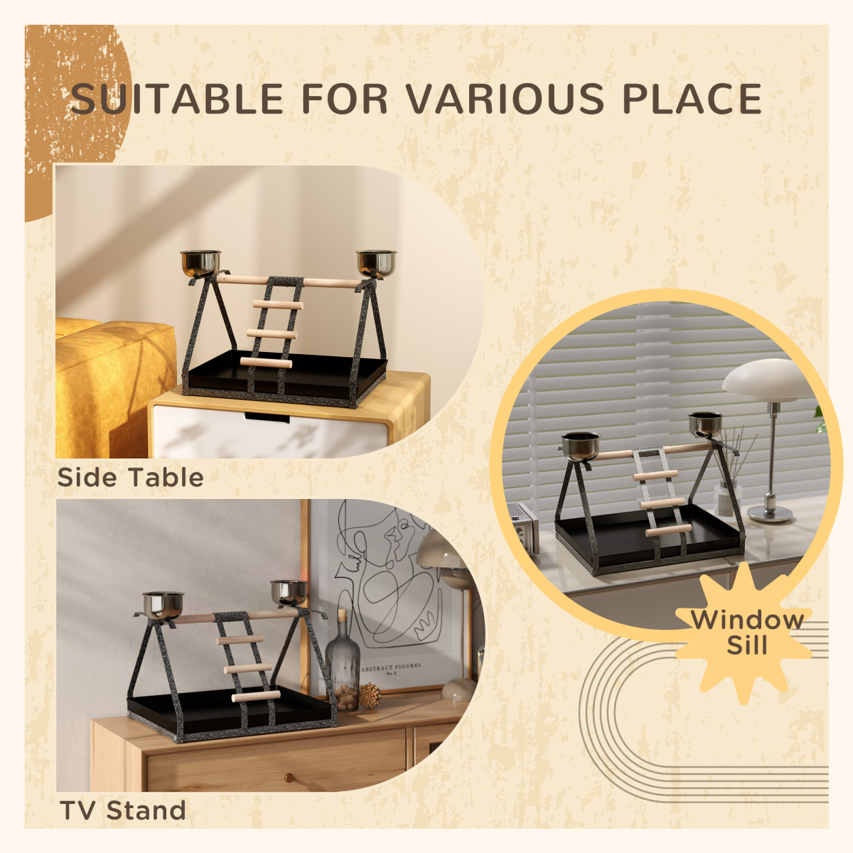 Pawhut Portable Bird Stand with Wooden Perch, Ladder & 2 Stainless Steel Bowls – Steel Base