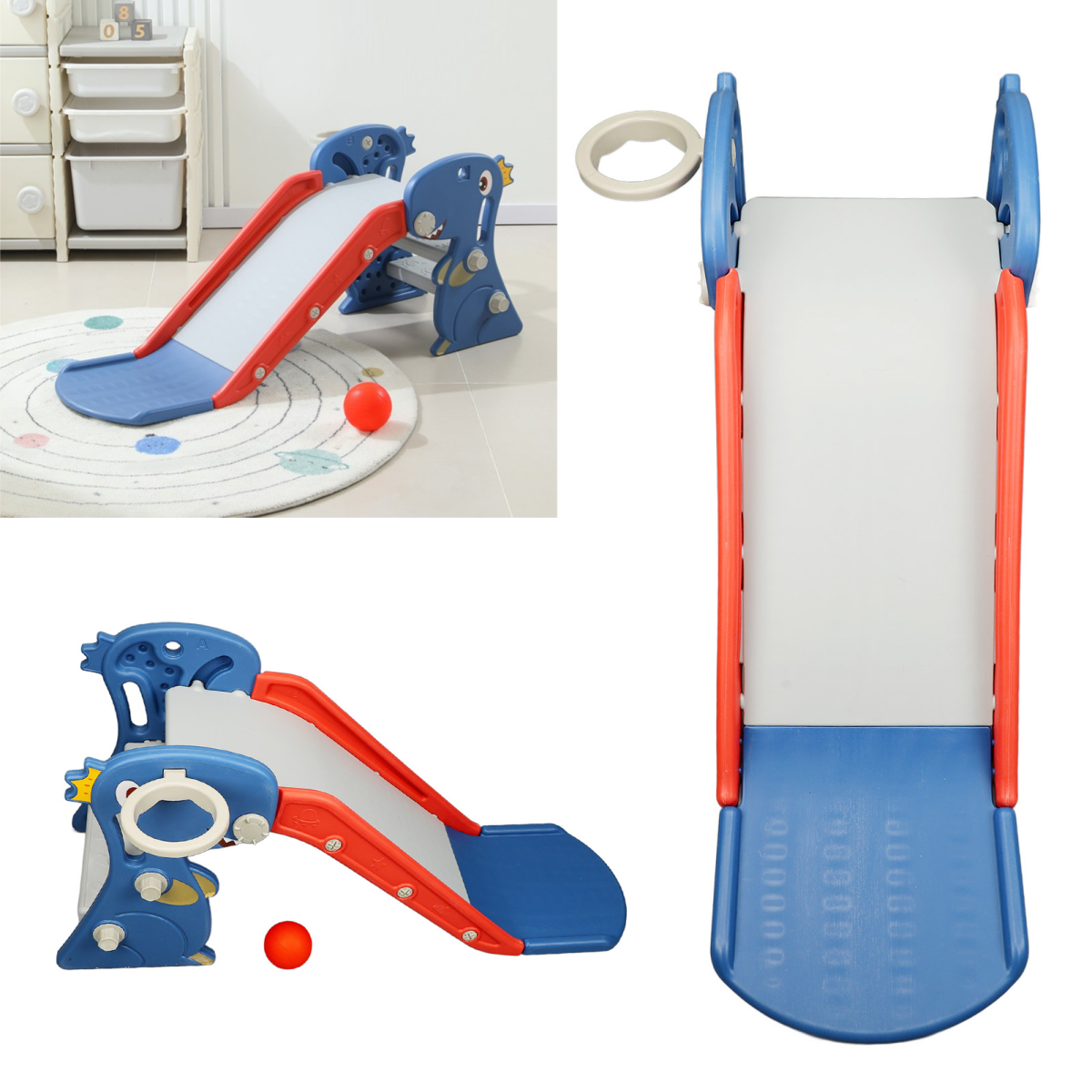 Toddler Indoor Dinosaur Slide with Basketball Hoop and Stairs – Foldable, Easy Assembly, Blue, Ages 0–3