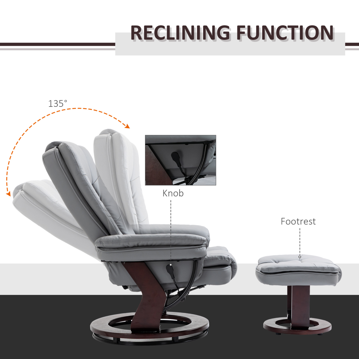 Swivel Manual Recliner & Footrest Set – 135° Recline PU Leather Lounge Chair with Wooden Base, Grey