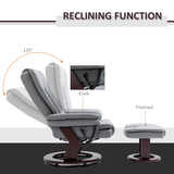 Swivel Manual Recliner & Footrest Set – 135° Recline PU Leather Lounge Chair with Wooden Base, Grey