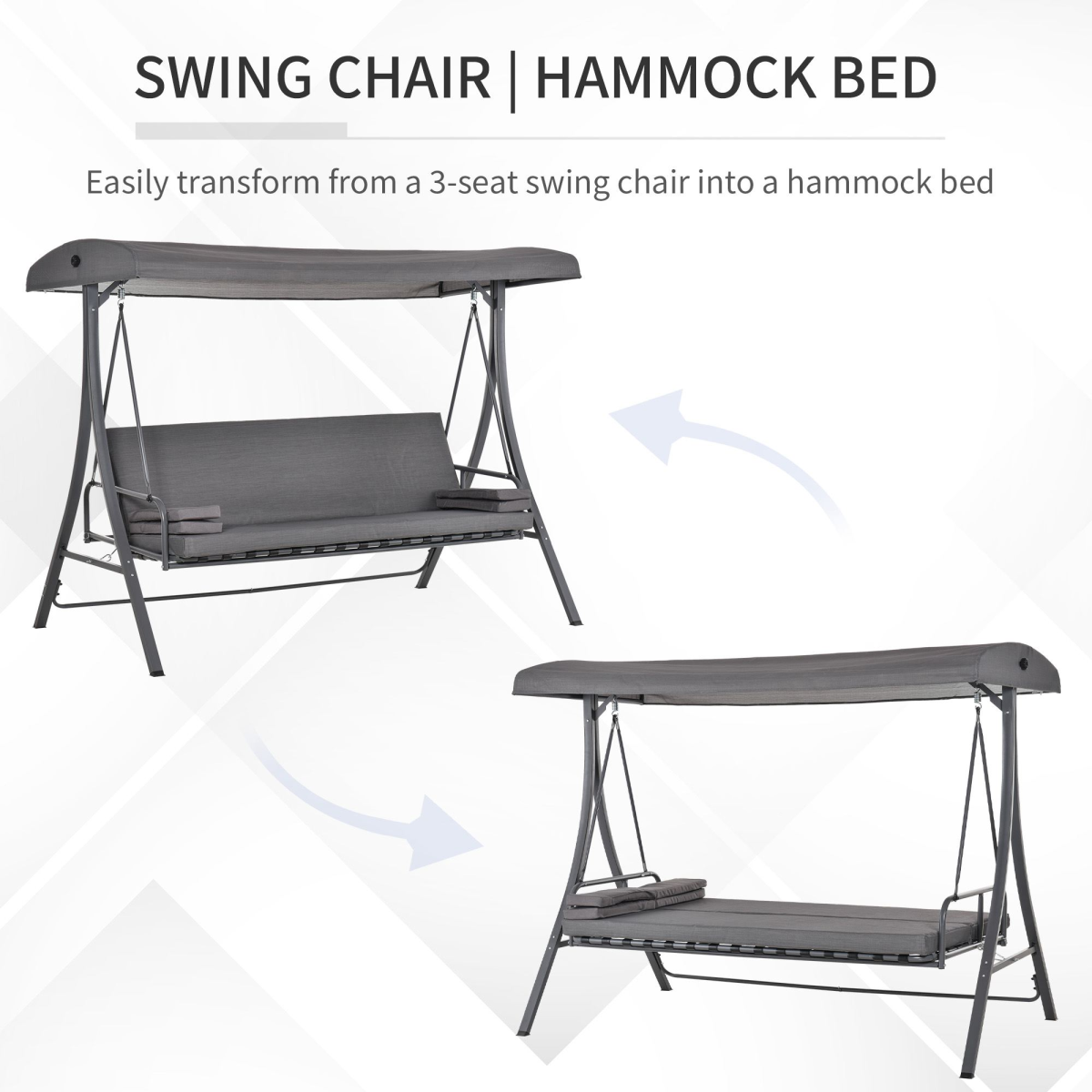 Outsunny 2-in-1 3 Seater Garden Swing Bench and Hammock Bed with Adjustable Canopy – Grey