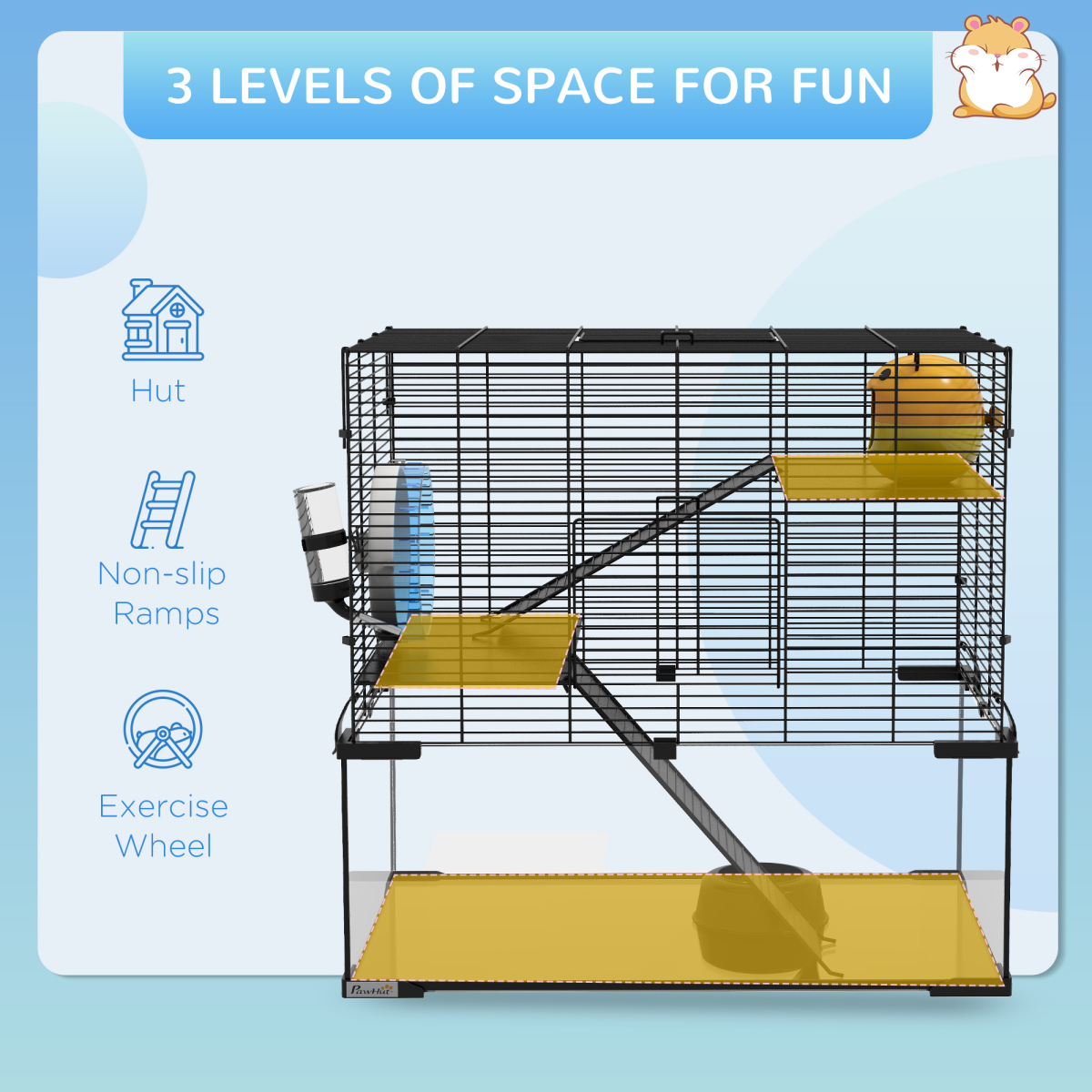 PawHut 3-Tier Hamster Cage with Deep Glass Base, Running Wheel, Food Bowl and Hut – 60 x 40 x 57cm