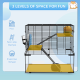 PawHut 3-Tier Hamster Cage with Deep Glass Base, Running Wheel, Food Bowl and Hut – 60 x 40 x 57cm