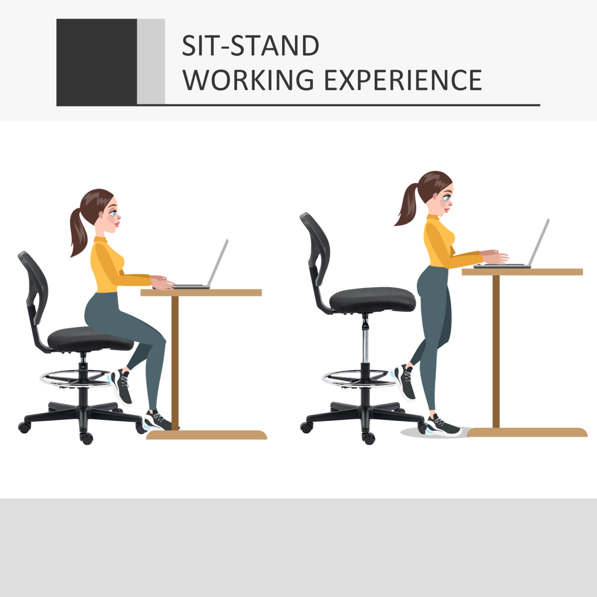 Vinsetto Tall Draughtsman Chair with Footrest Ring & Mesh Back – Drafting Stool for Standing Desks, Black