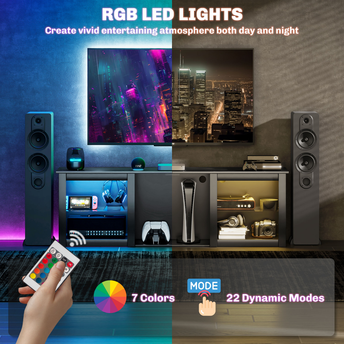 HOMCOM 160cm TV Unit with RGB LED Lights & Glass Shelves for TVs up to 65 in – Black Marble Effect