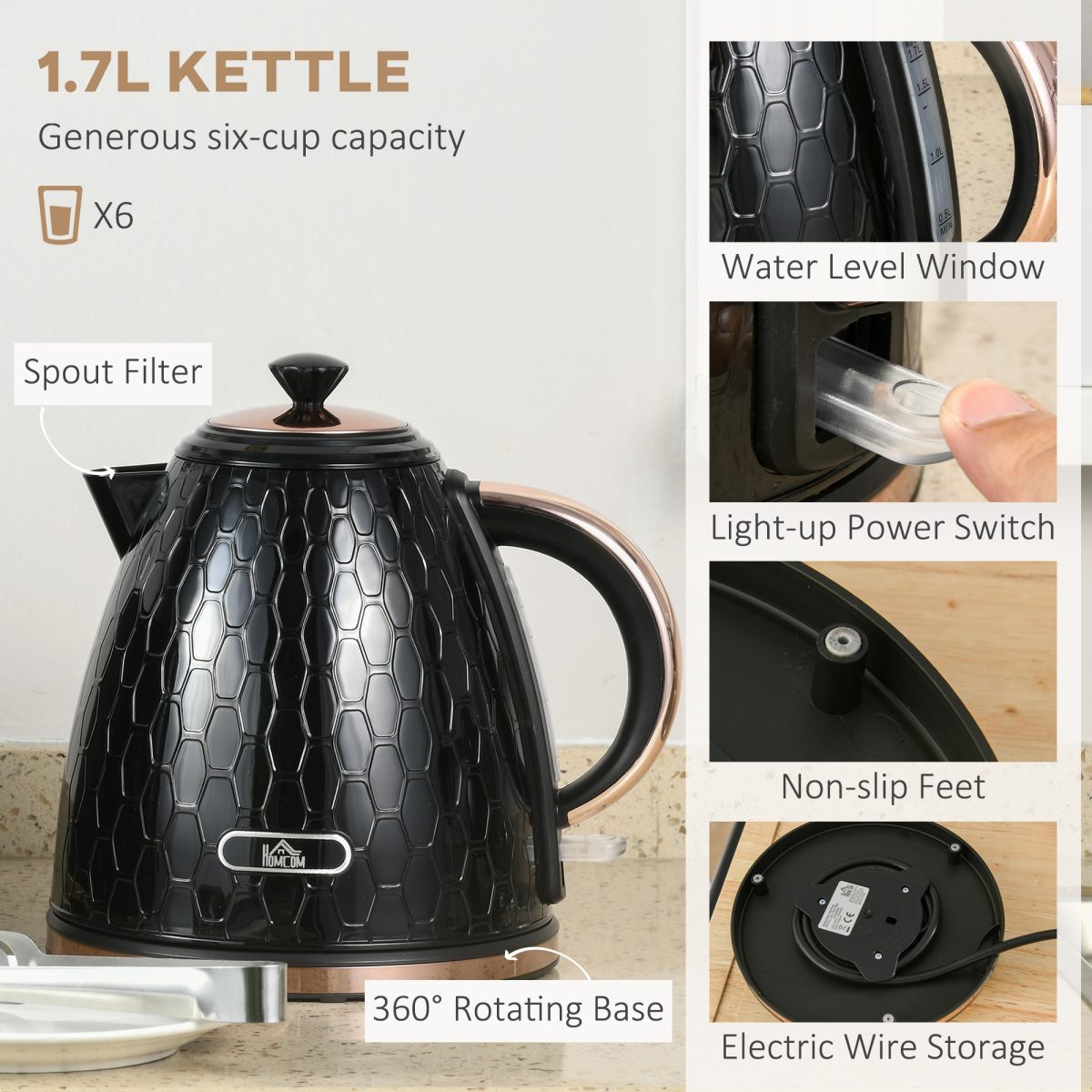 HOMCOM 1.7L Kettle & 4-Slice Toaster Set with Defrost & Reheat – Honeycomb Design Breakfast Set, Black