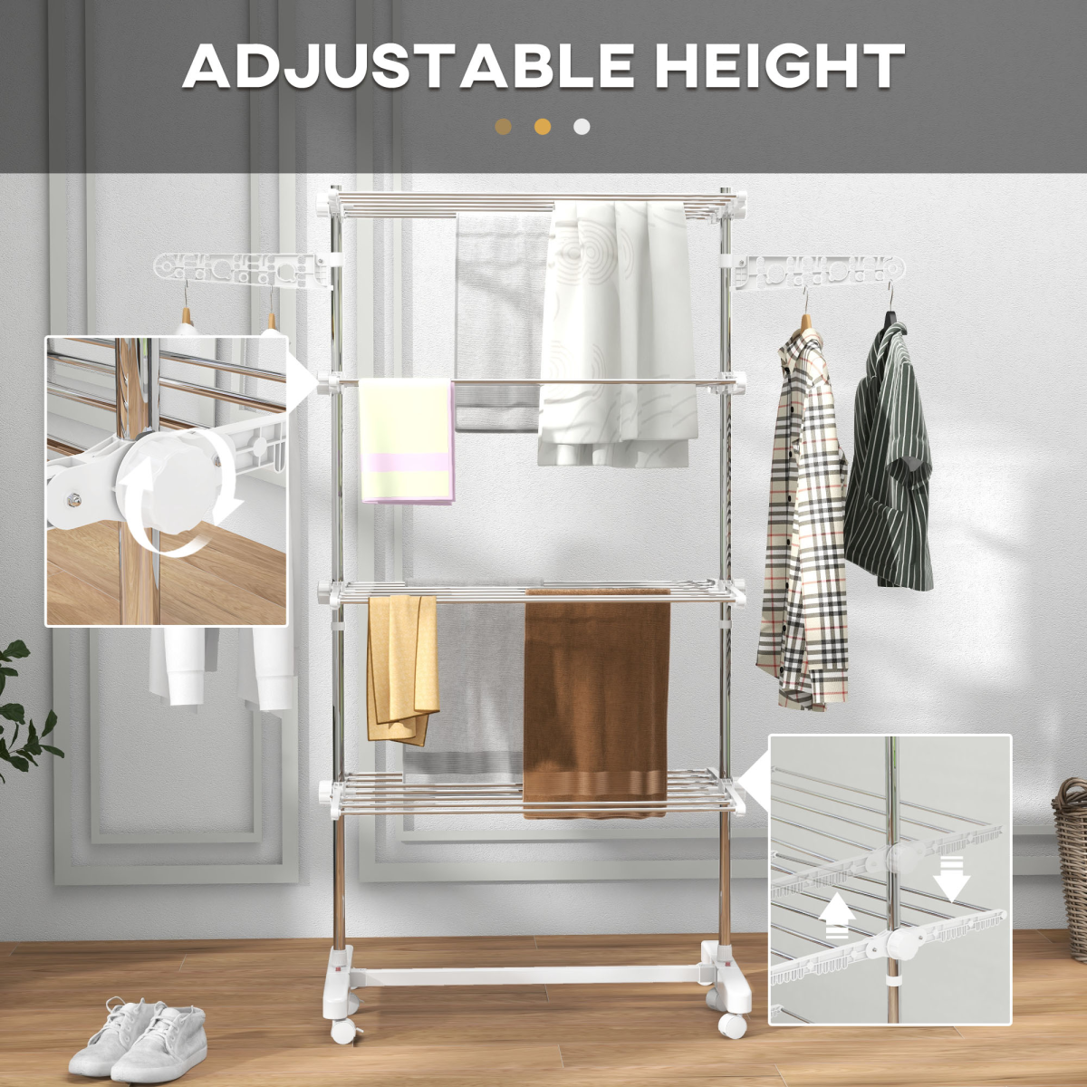 HOMCOM 4-Tier Folding Clothes Airer Rail with Wheels – Indoor Garment Drying Stand, White and Silver