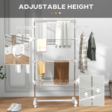 HOMCOM 4-Tier Folding Clothes Airer Rail with Wheels – Indoor Garment Drying Stand, White and Silver
