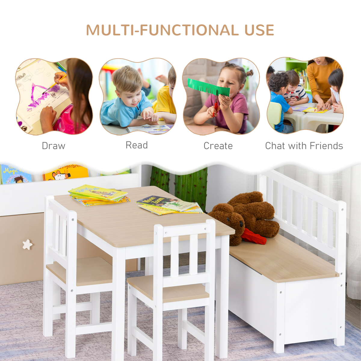 HOMCOM 4-Piece Kids Wooden Table & Chair Set with Storage Bench – Play Furniture for Ages 3+