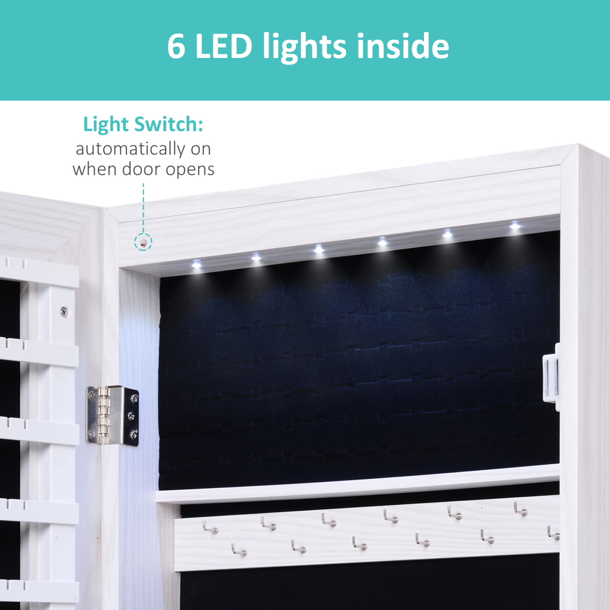 Lockable Hanging Mirrored Jewellery Cabinet with Full-Length Mirror & 6 LED Lights – White