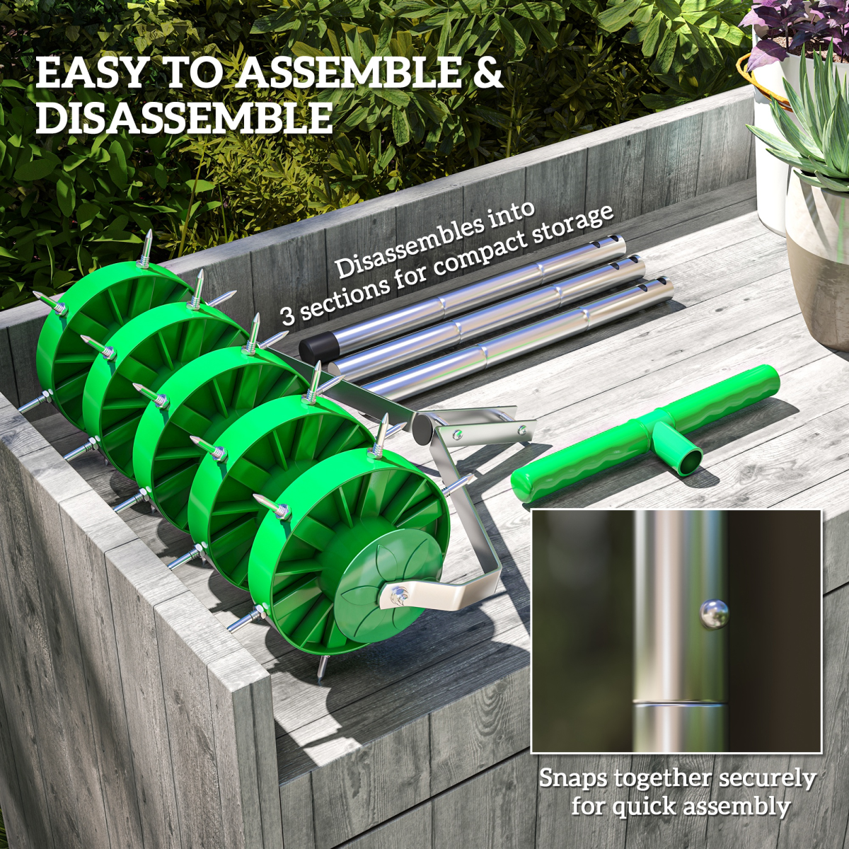 Rolling Lawn Aerator with 30 Spikes and 100 cm Handle – Spiked Roller for Healthier Soil, Dark Green