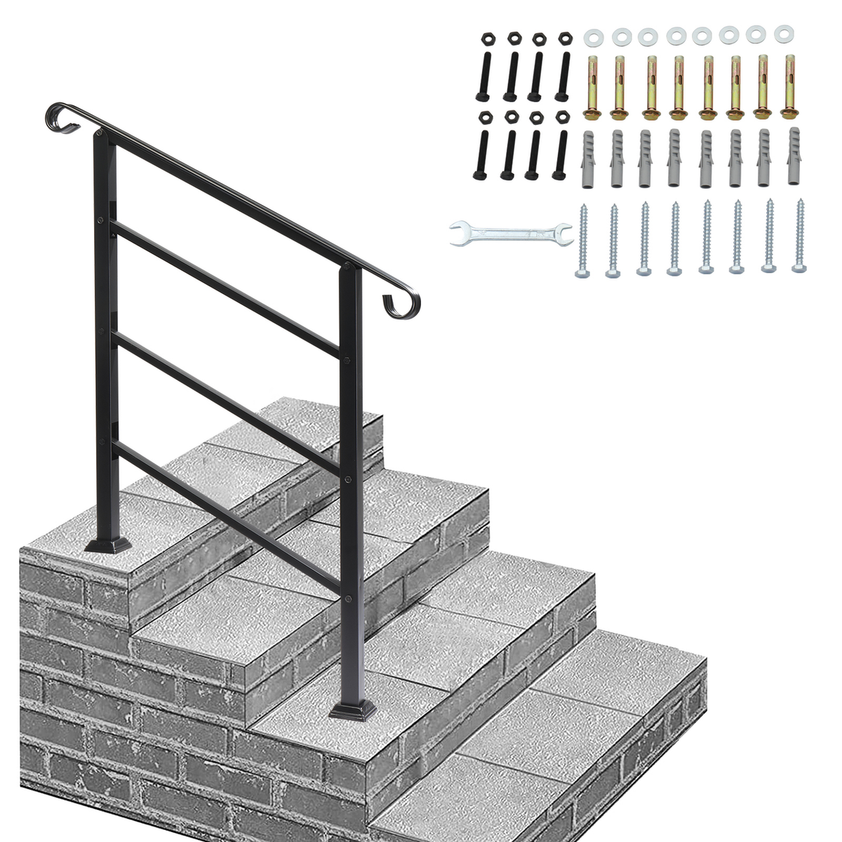Wrought Iron Handrail for Outdoor Steps – Fits 1 to 3 Steps, Powder-Coated with Installation Kit, Black