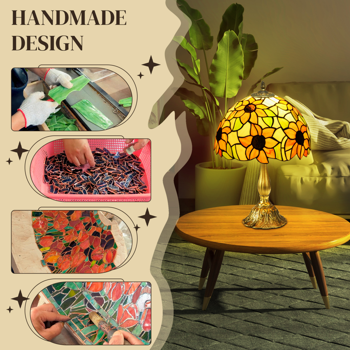 HOMCOM Antique Stained Glass Table Lamp with E27 Fitting – Sunflower Bedside Lamp for Bedroom, Multi-Coloured