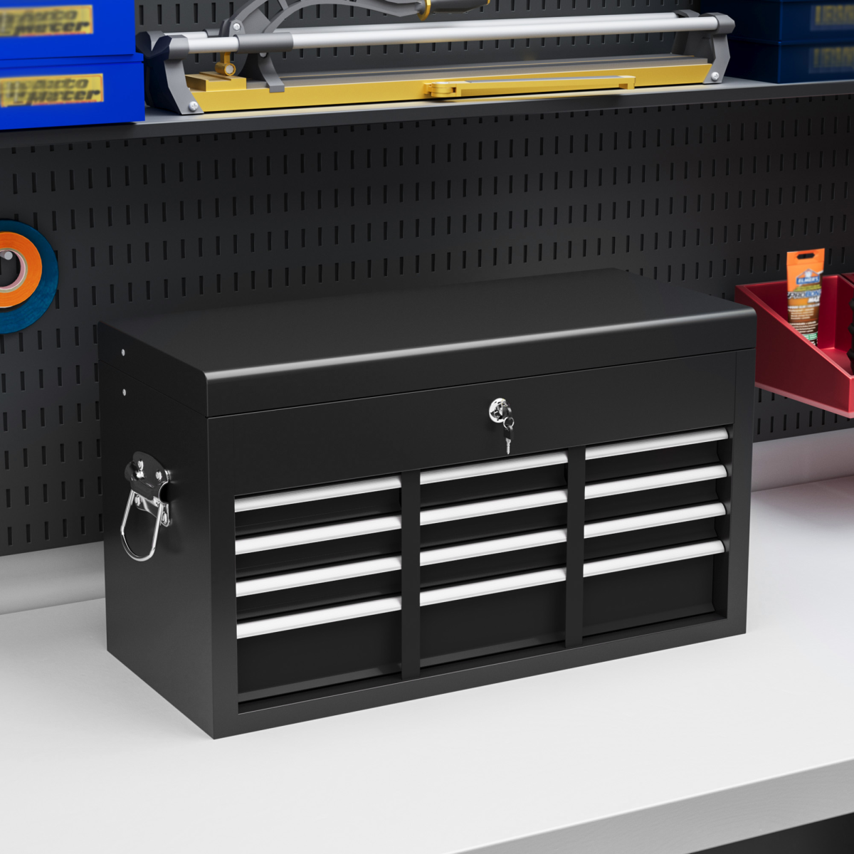 Lockable Steel Tool Chest with 6 Drawers, Top Storage & Ball Bearing Runners – Portable Tool Box, Black