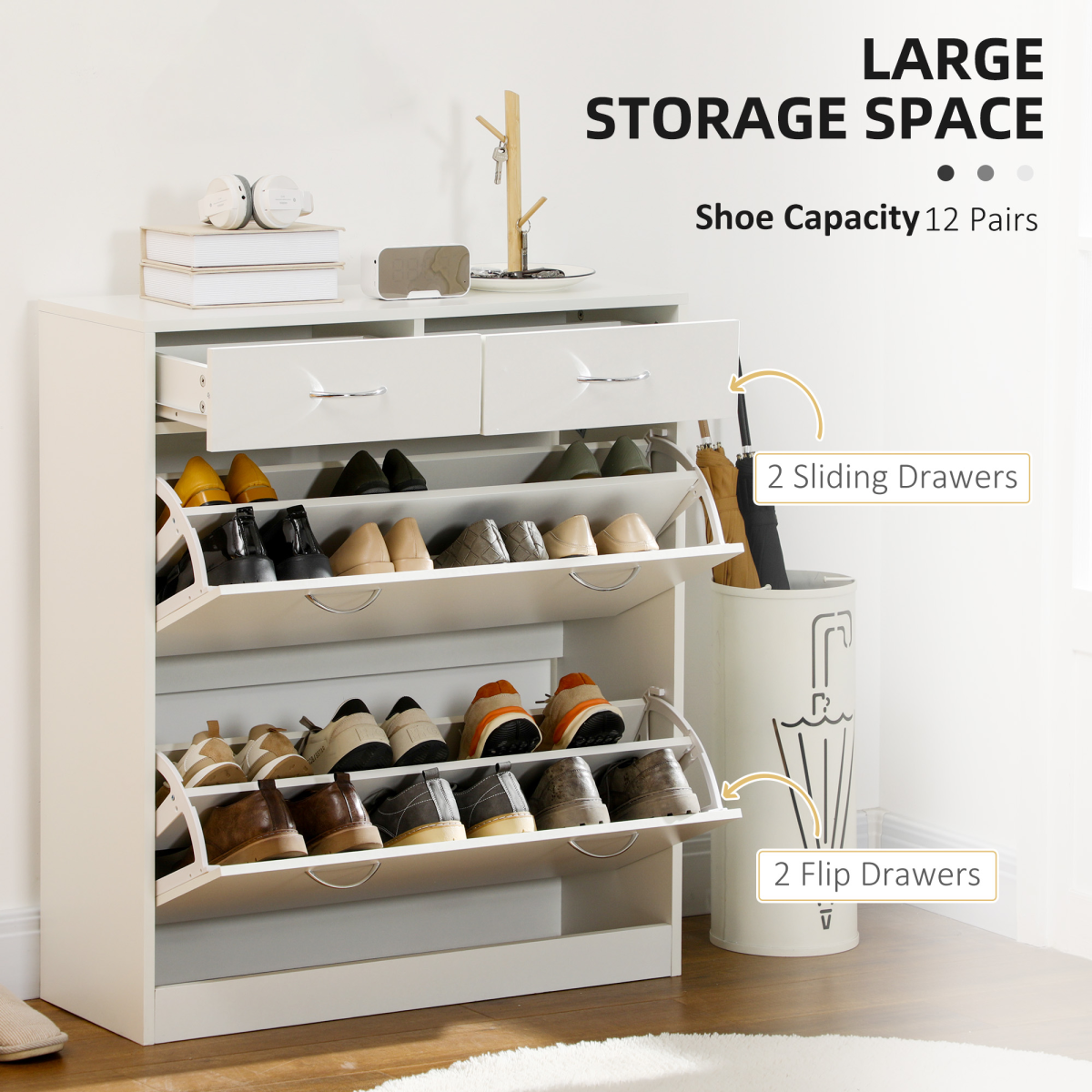 HOMCOM Slim Shoe Cabinet with 2 Flip Drawers, 12 Pairs – Tall Space-Saving Hallway Storage, White