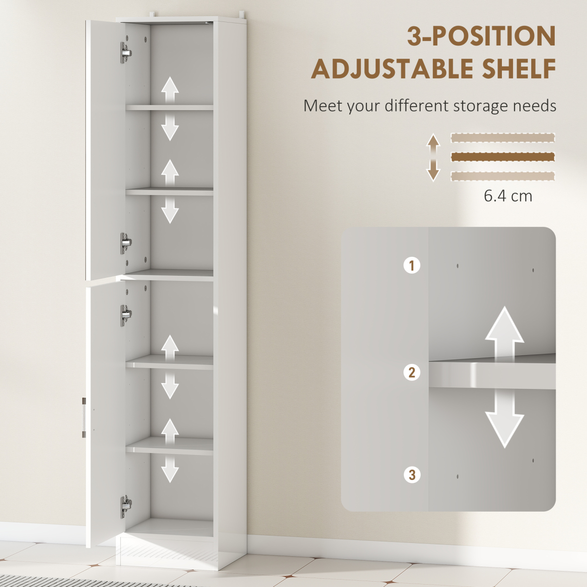 kleankin Tall Bathroom Cabinet with Mirror Door – Narrow Storage with Adjustable Shelves, High Gloss White