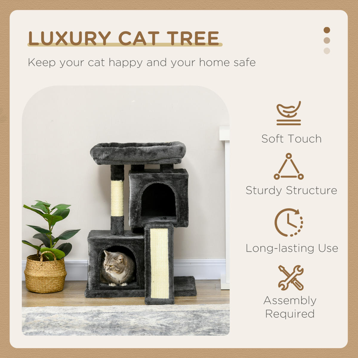 PawHut Cat Activity Tree with 2 Houses, Cushioned Perch and Sisal Scratching Posts – Indoor Cat Tower, Black