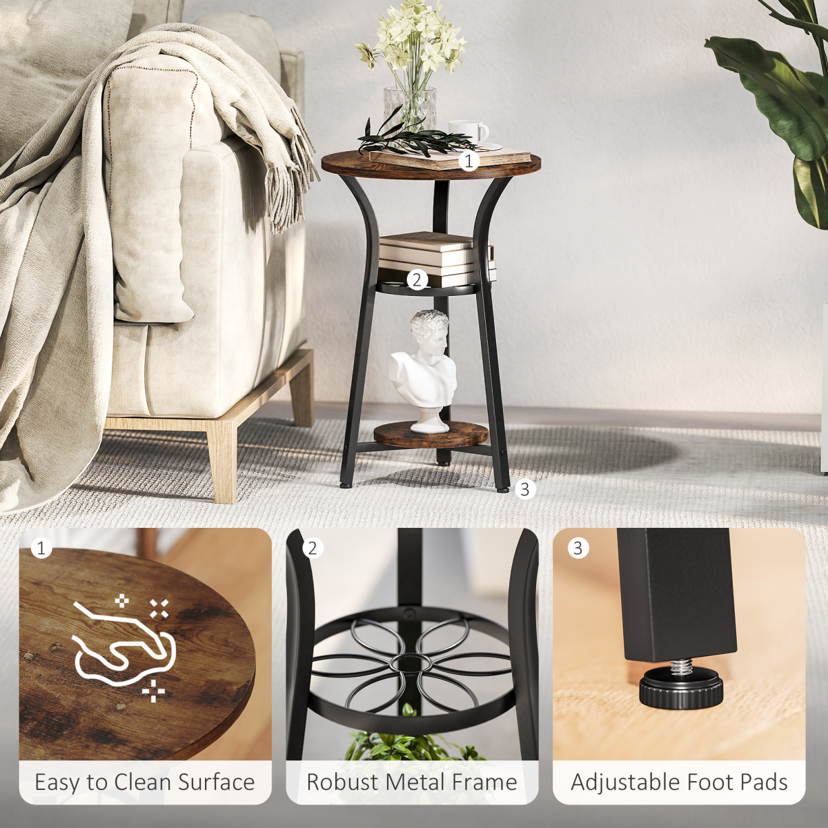 HOMCOM 3-Tier Round Side Table, 38 cm Industrial End Table with Metal Legs – Compact, Rustic Brown