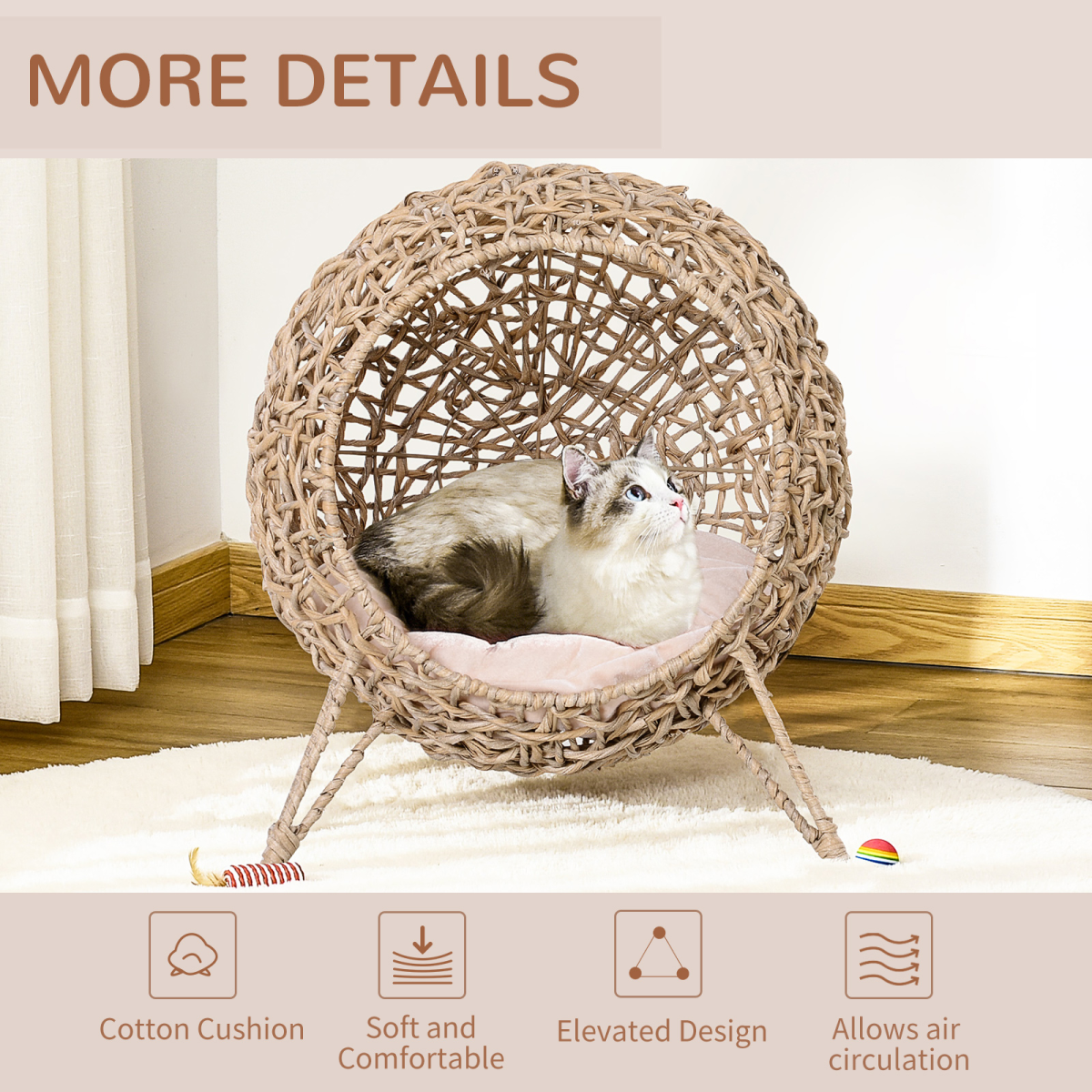 PawHut Rattan Elevated Cat House with Cushion – Hand-Woven Kitten Bed Pet Furniture, Natural