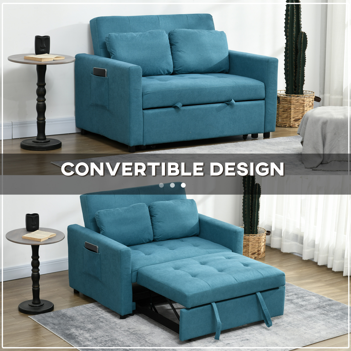 HOMCOM Click-Clack 2 Seater Sofa Bed with Cushions & Side Pockets – Convertible Settee for Flats & Guest Rooms