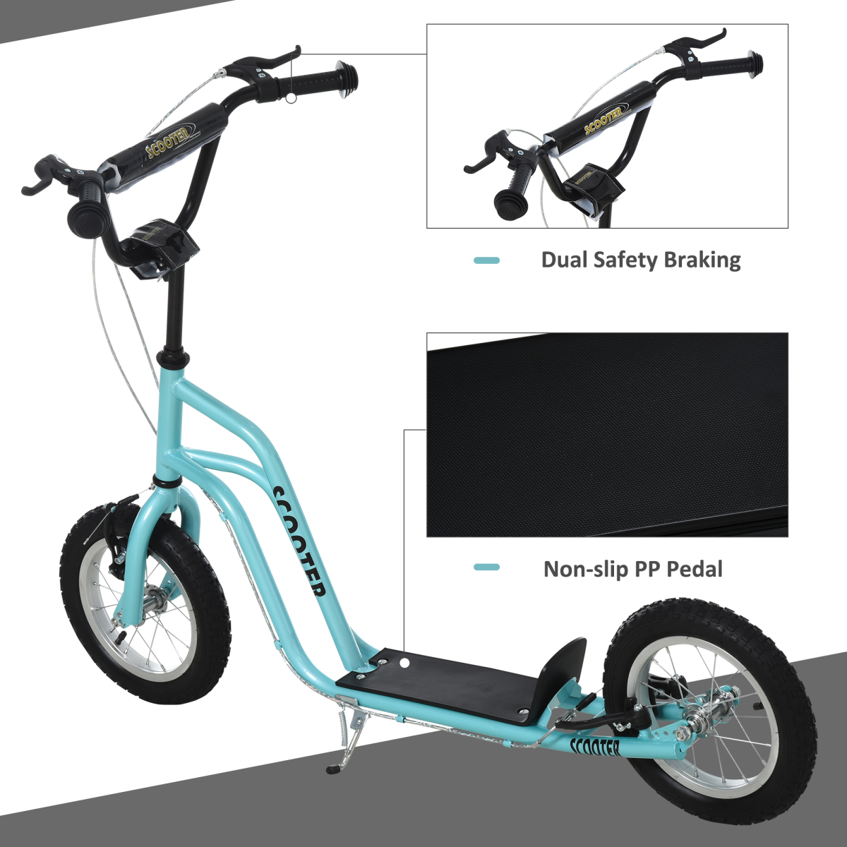 HOMCOM Kids Kick Scooter with Adjustable Handlebar, Dual Brakes & Inflatable Wheels – Steel Frame, Blue
