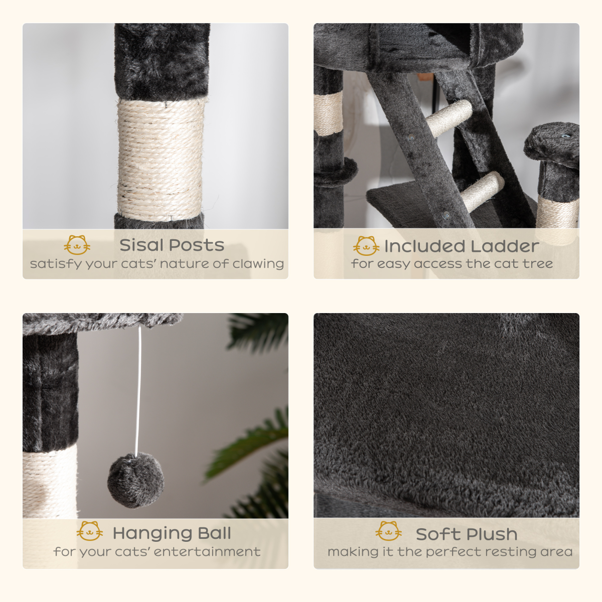 PawHut 240–260cm Floor-to-Ceiling Cat Tree with Houses, Hammocks, Ramps & Scratching Posts – Dark Grey