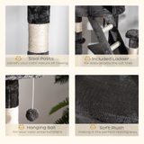 PawHut 240–260cm Floor-to-Ceiling Cat Tree with Houses, Hammocks, Ramps & Scratching Posts – Dark Grey