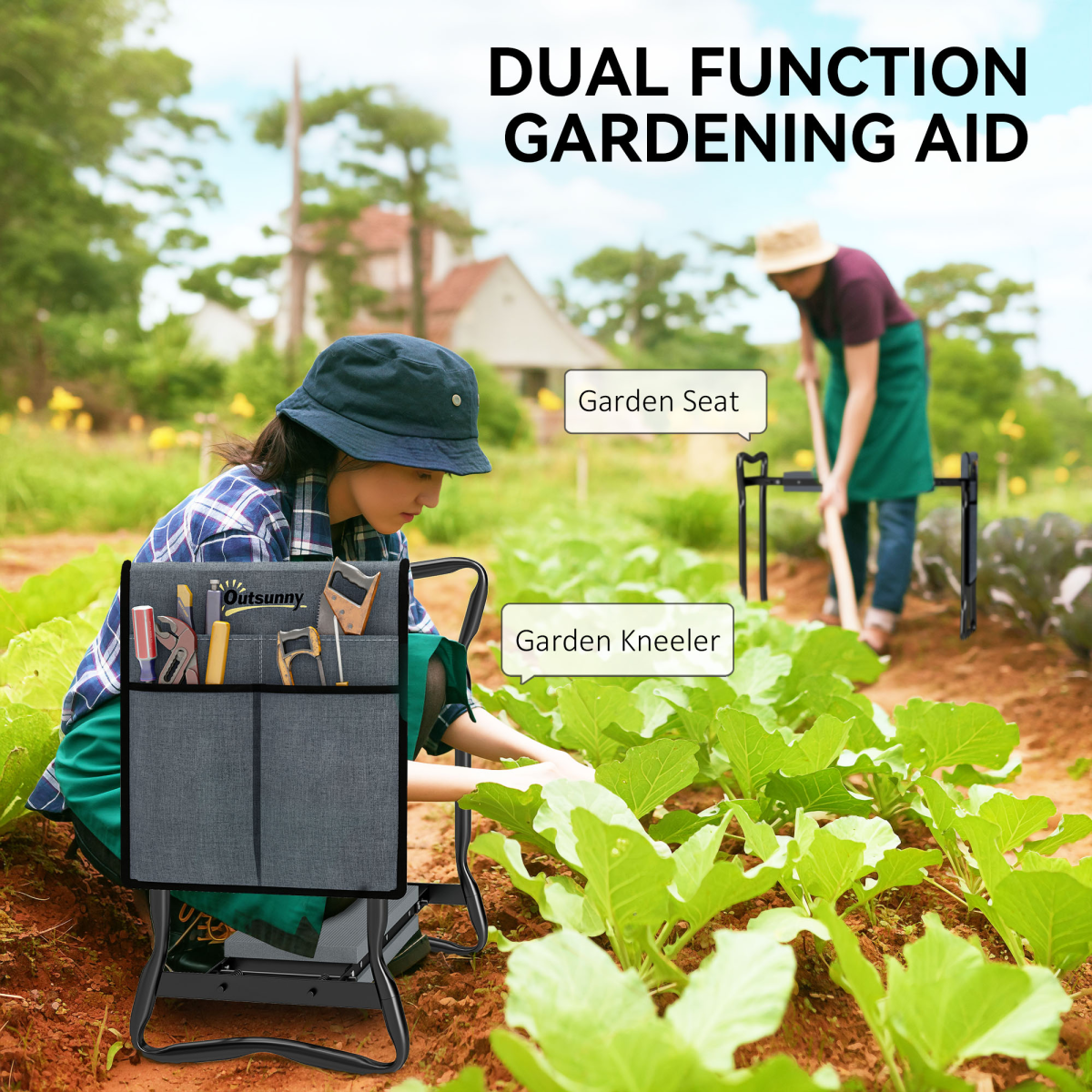 Outsunny Foldable Garden Kneeler and Seat with EVA Foam Pad & Removable Tool Bag – Steel Frame, Grey and Black