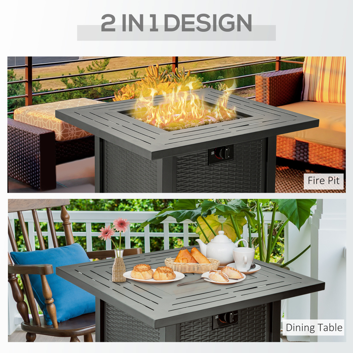 Outsunny Square Rattan Propane Gas Fire Pit Table with Lava Rocks & Lid – 40,000 BTU Patio Heater