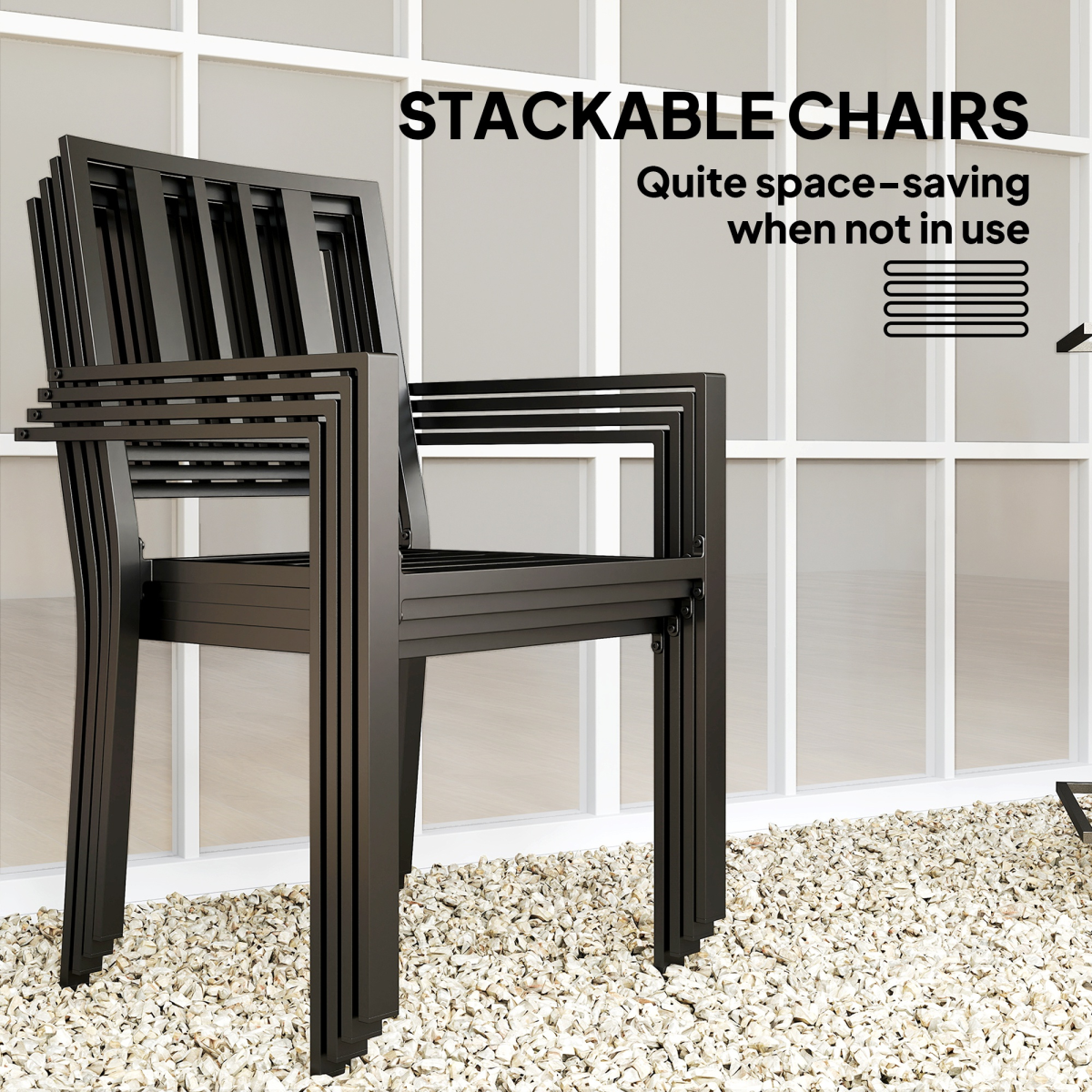 Outsunny Outdoor Dining Set with 4 Stackable Cushioned Armchairs & Metal Table, 50mm Umbrella Hole – Black/Beige