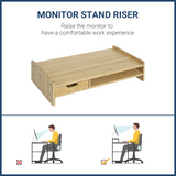 HOMCOM Bamboo Monitor Riser with Drawer – Desktop Organiser Stand for Laptop and PC, Natural