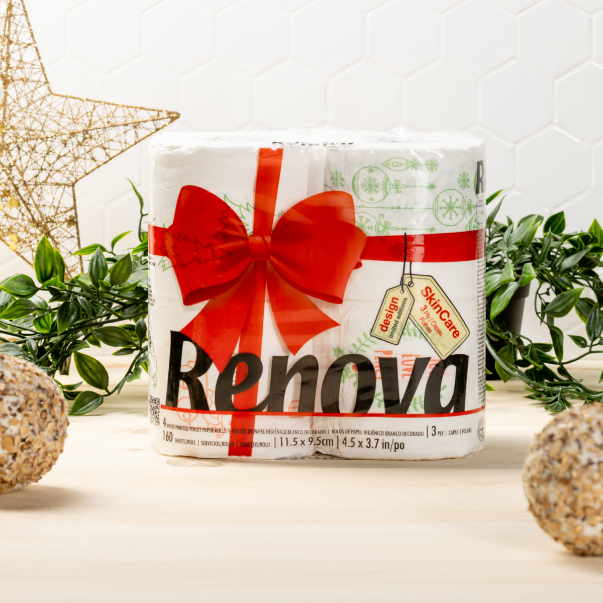 Renova Christmas Toilet Rolls 4 Pack – Festive Illustrated Soft White Tissue, 160 Sheets per Roll