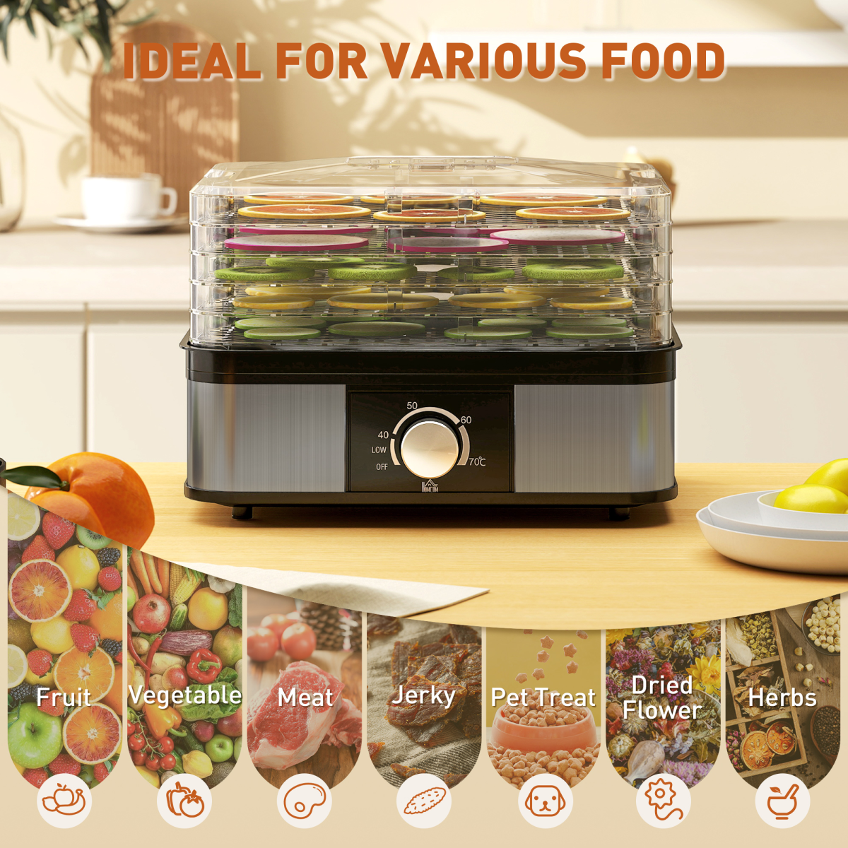 HOMCOM 5 Tier Food Dehydrator, 245W with Adjustable Temperature for Drying Fruit, Meat & Vegetables, Black