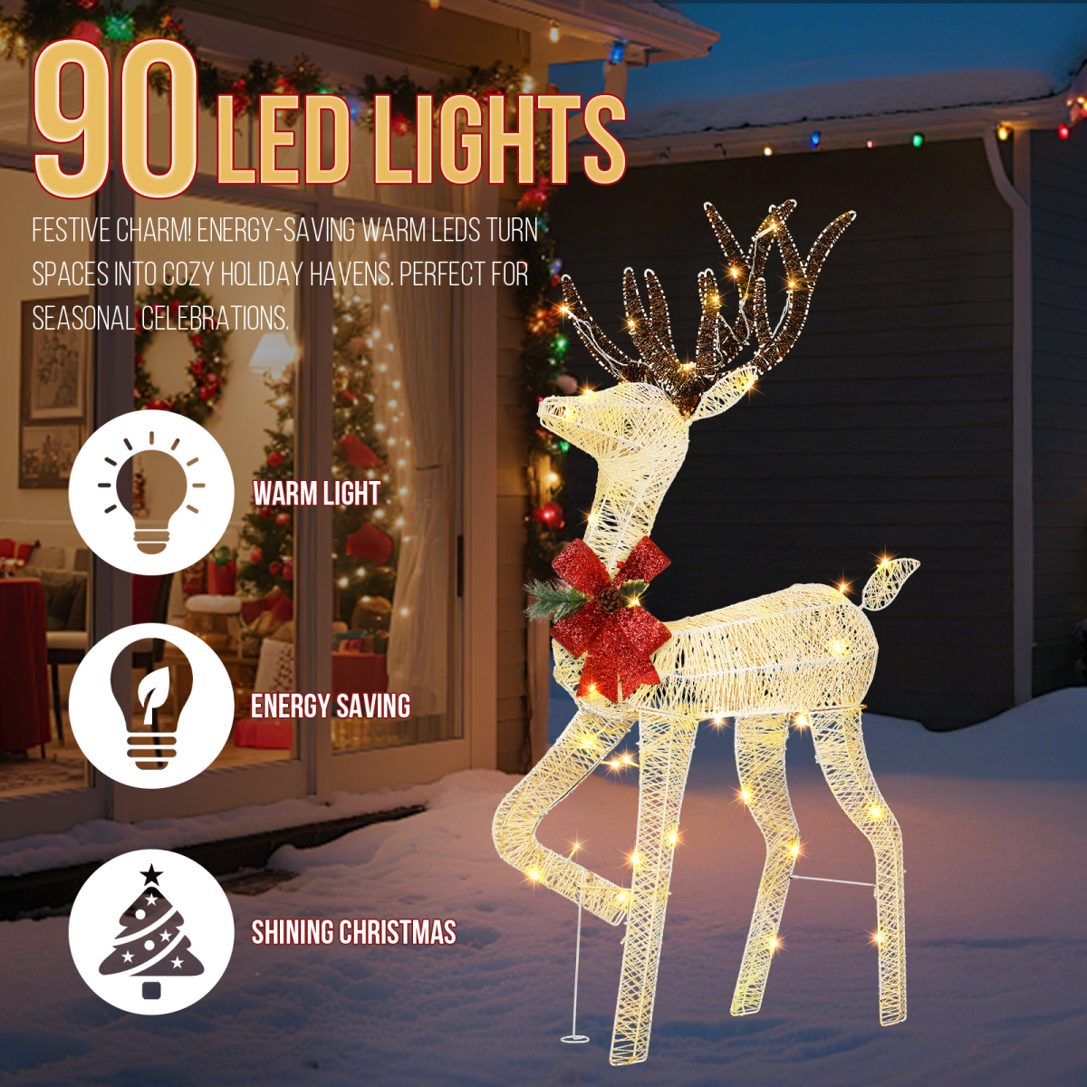 1.2m Lighted Reindeer Christmas Decoration with 90 Warm White Lights – Indoor & Outdoor
