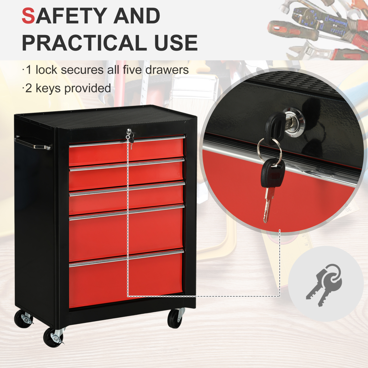 HOMCOM 5-Drawer Lockable Steel Tool Cabinet with Wheels & Handle – Garage Workshop Storage, Red