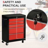 HOMCOM 5-Drawer Lockable Steel Tool Cabinet with Wheels & Handle – Garage Workshop Storage, Red