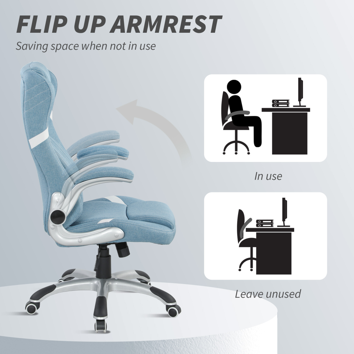 High Back Linen-Look Office Chair with Flip-Up Arms & Lumbar Support – Space-Saving Desk Chair, Blue