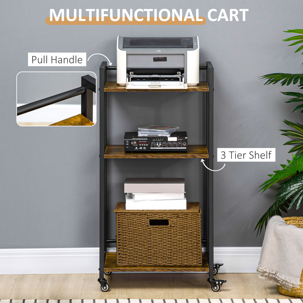 HOMCOM 3-Tier Printer Stand and Utility Cart with Adjustable Shelves – Rolling Storage Trolley