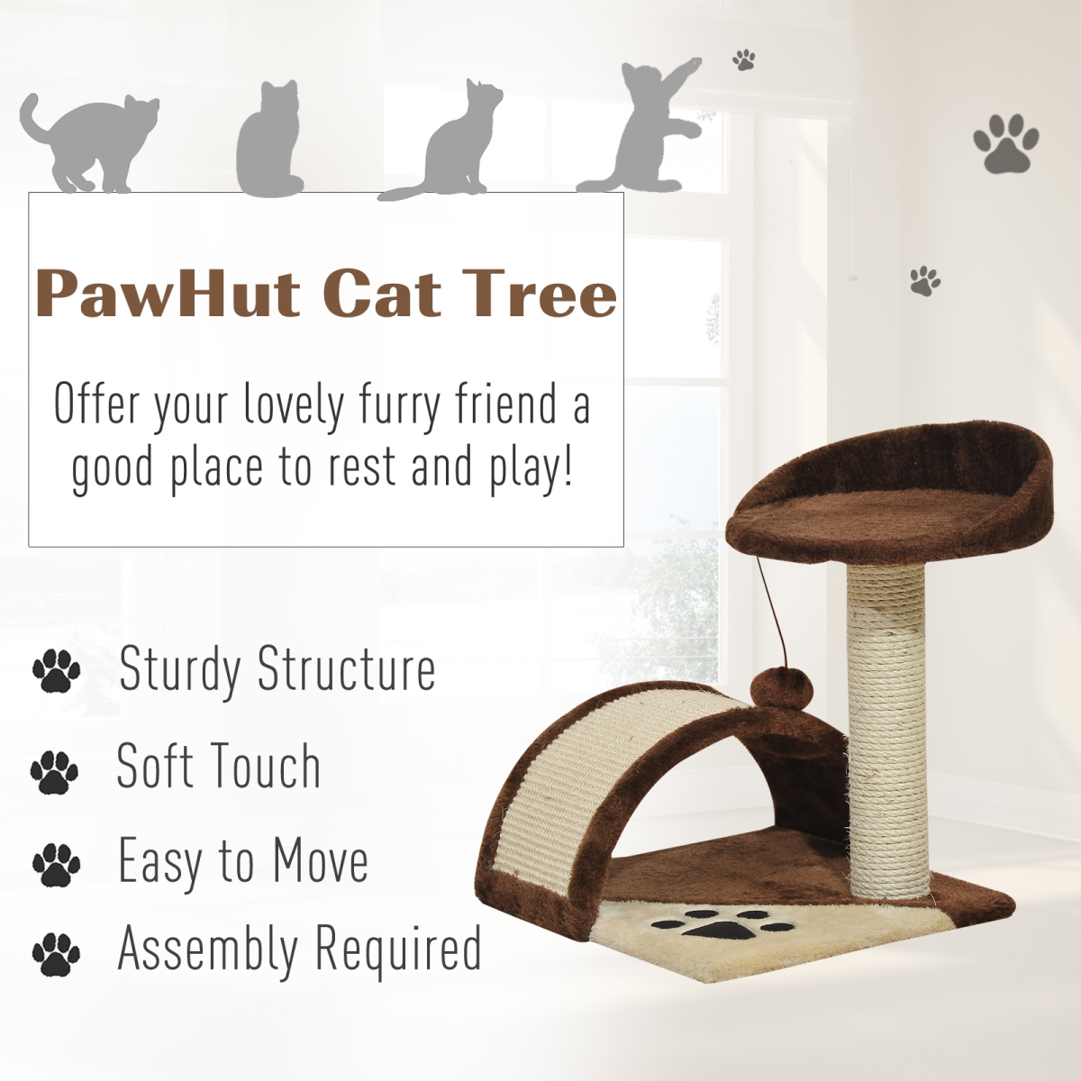 PawHut Cat Tree with Sisal Scratching Posts & Fun Ball Toy – Cosy Play and Rest Tower for Kittens, Brown