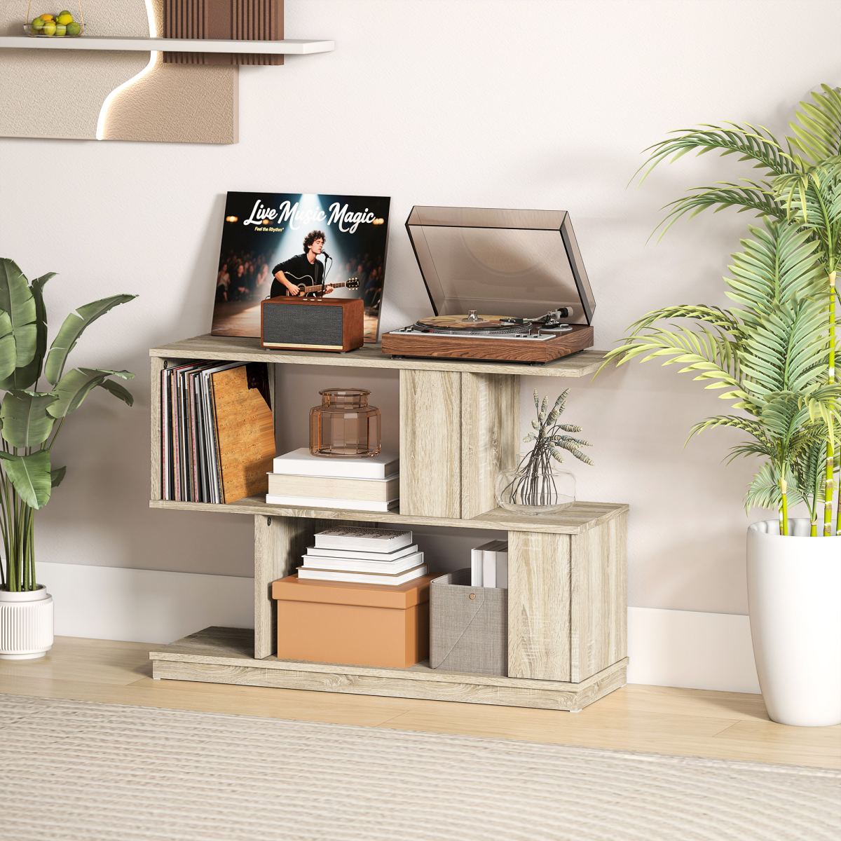 Rattan-Effect 3-Tier S-Shape Side & Coffee Table – Narrow Display Stand for Small Spaces