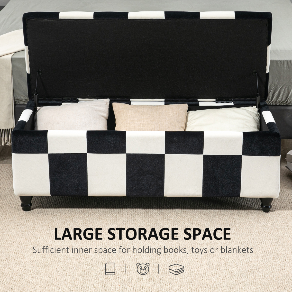 HOMCOM Velvet Button-Tufted Storage Ottoman Footstool Box, 114 x 47 x 47cm – Colour Block Bench